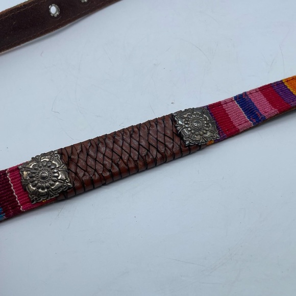 Vintage Fossil Leather Belt Concho Tapestry Serape Braided Brown Small 25”-29” - Picture 2 of 5